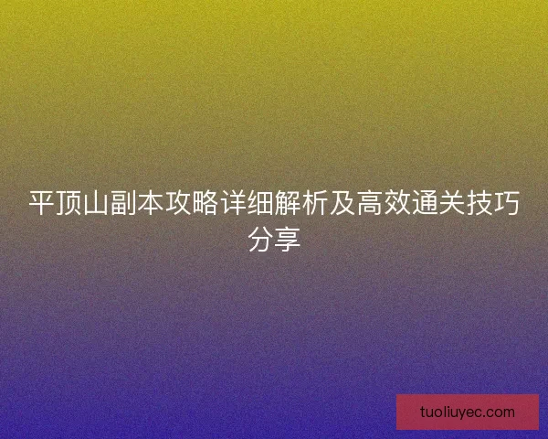 平顶山副本攻略详细解析及高效通关技巧分享